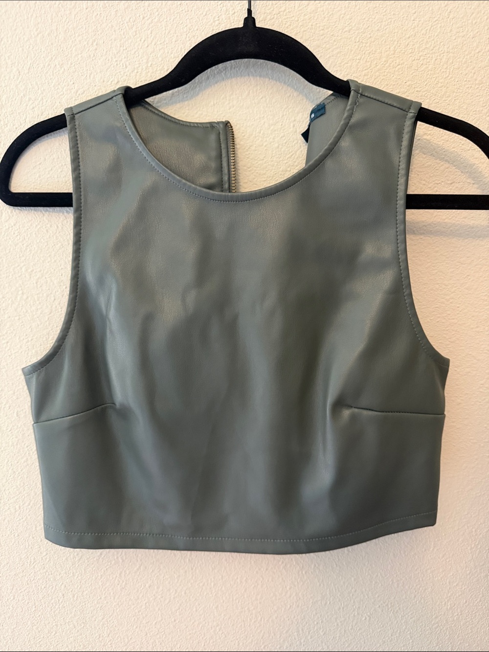 Faux Leather Sleeveless Crop Top with Back Zip in Slate Green